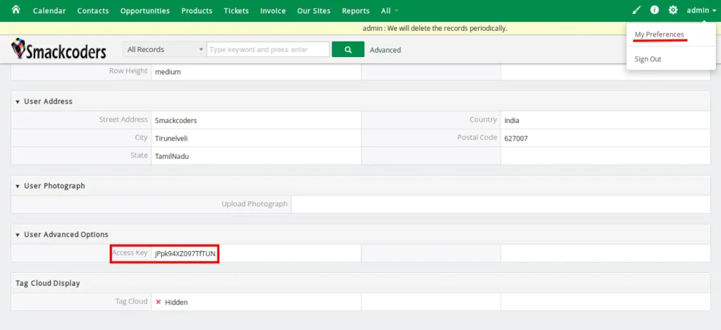 Vtiger Access key