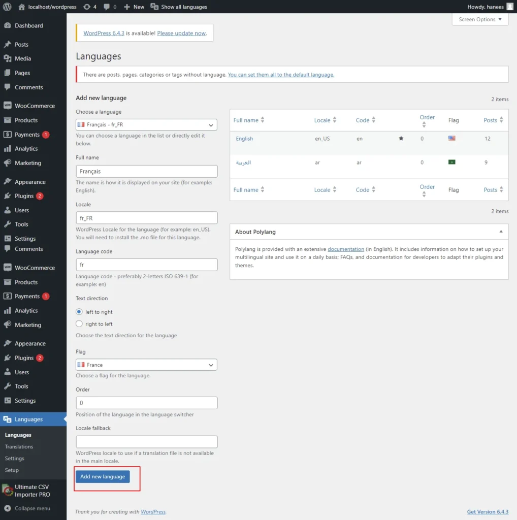 polylang import and export Add new language