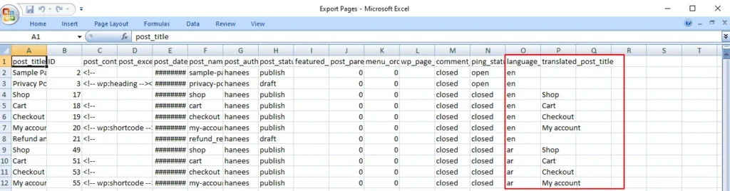 polylang import and export exported pages in csv