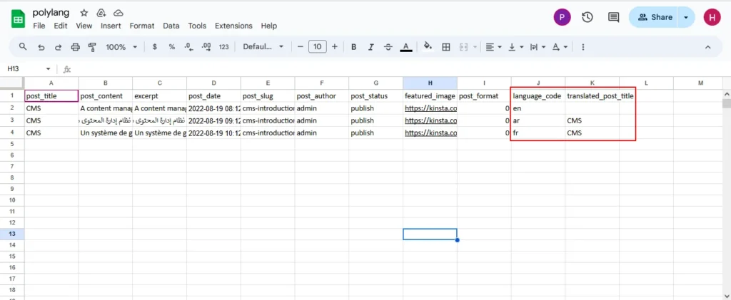 polylang import and export prepared csv