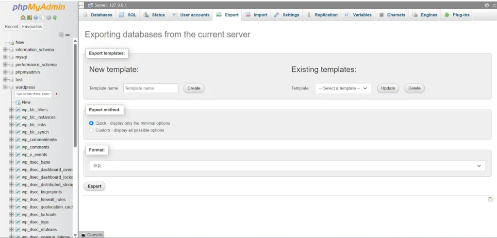 exporting database phpmyadmin