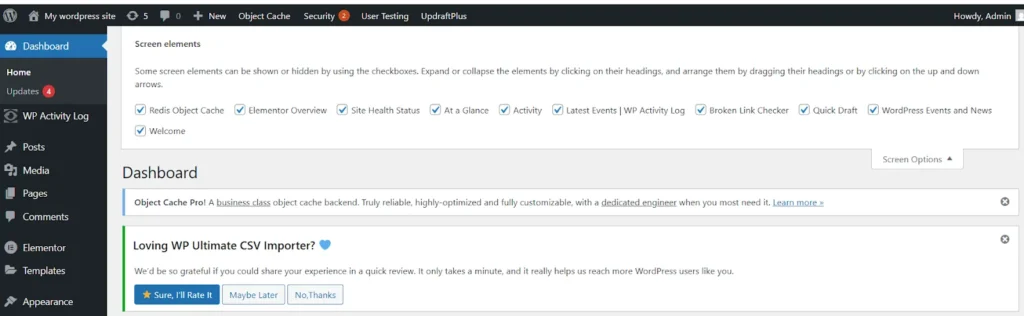 wordpress dashboard screen options