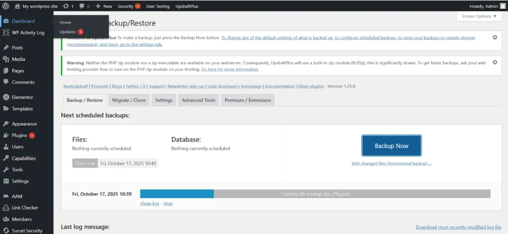 updraftplus backup dashboard