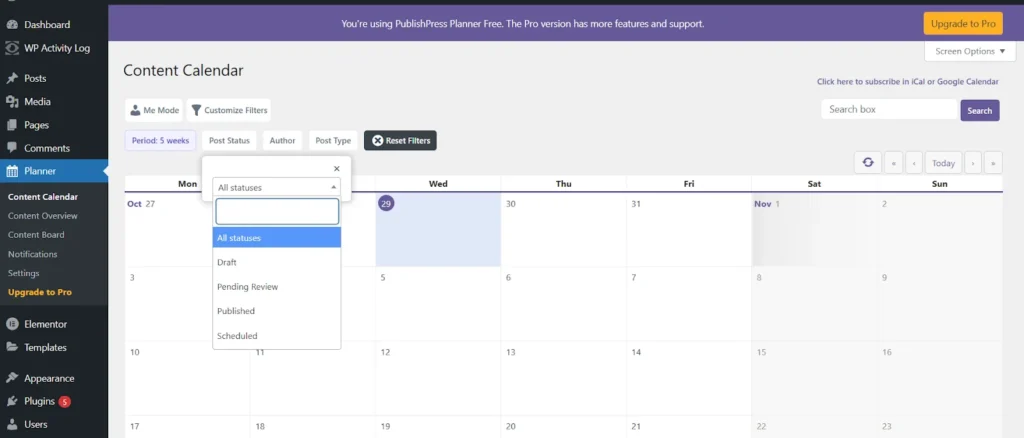 content calendar planner dashboard