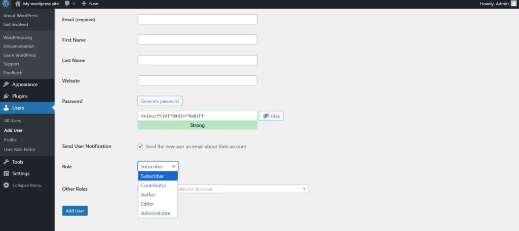 wordpress user create view listing default user roles