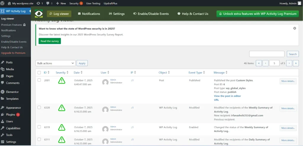 wp activity log plugin
