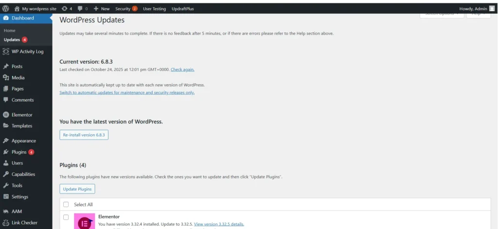 wp updates dashboard