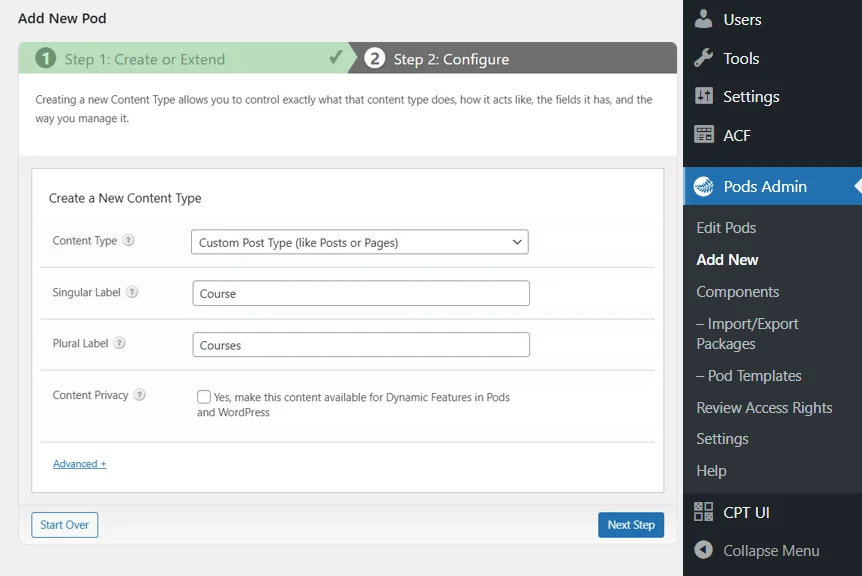 pods-create-course-custom-post-type-screen