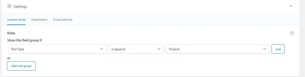 ACF-field-group-location-rules-post-type-product-screen