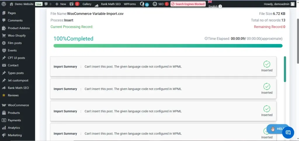 WordPress-CSV-import-100-percent-completed-with-insert-summary-screen