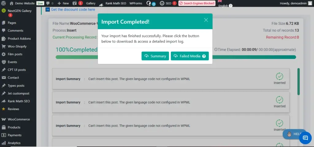 WordPress-CSV-import-completed-popup-and-summary-screen