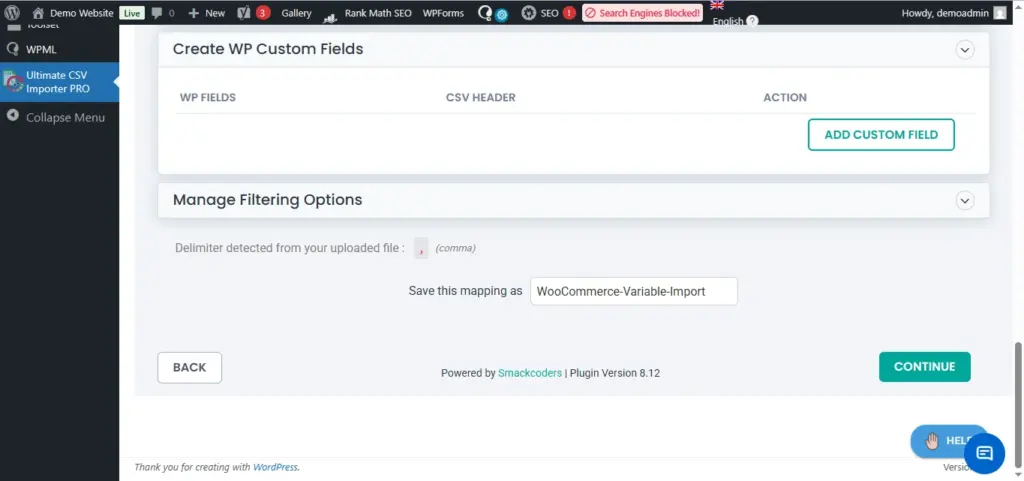 WordPress-CSV-import-create-custom-field-and-save-mapping-screen