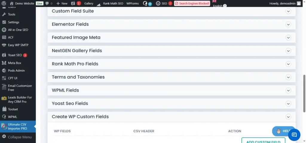 WordPress-CSV-import-custom-fields-taxonomies-SEO-integration-sections-screen