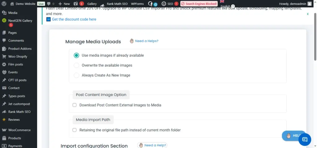WordPress-CSV-import-manage-media-upload-settings-screen