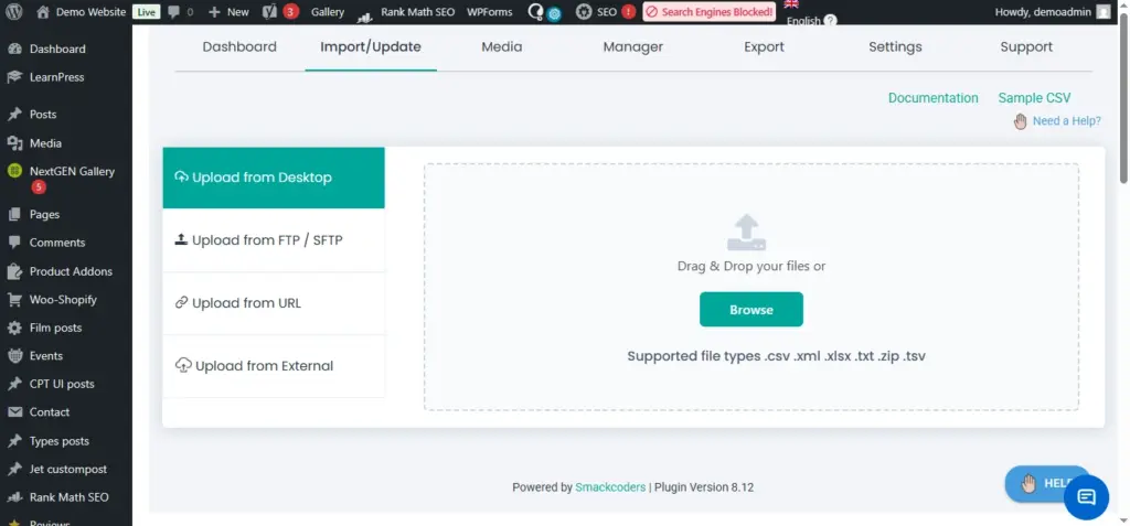 WordPress-CSV-import-upload-screen